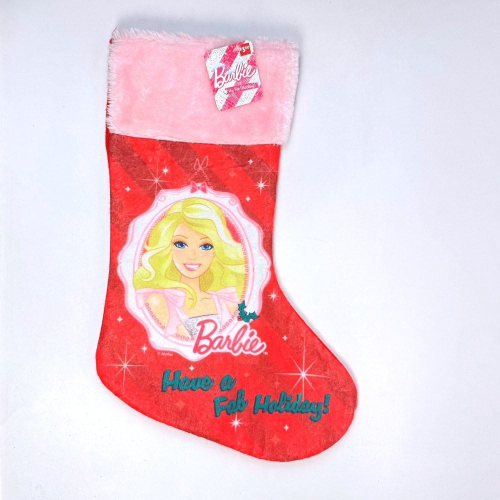 New Barbie Christmas Stocking Mattel 2013 My Fab Holiday Pink Faux Fur Red 18"